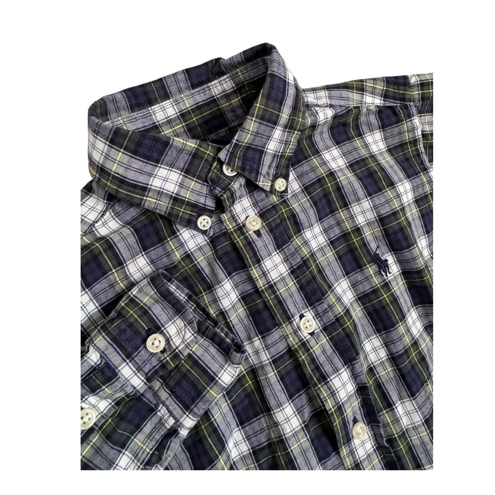 Ralph Lauren Boys Navy Green Plaid Button‎ Down Shirt 4/4T Cotton Long Sleeve